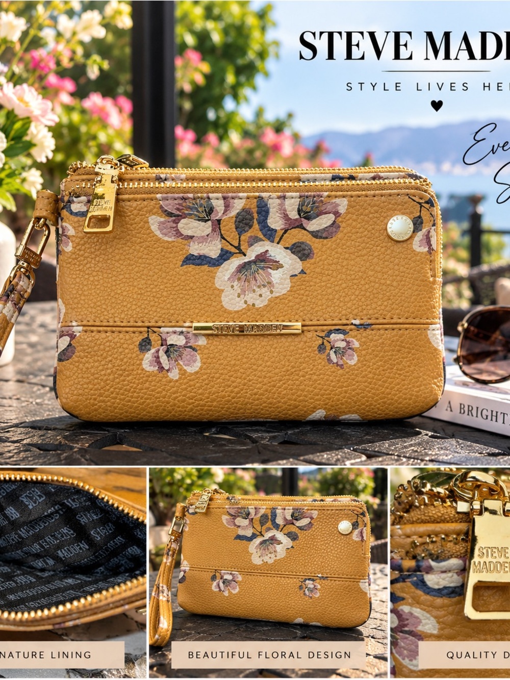 Steve Madden Mustard Floral Wristlet Clutch with Gold Hardware